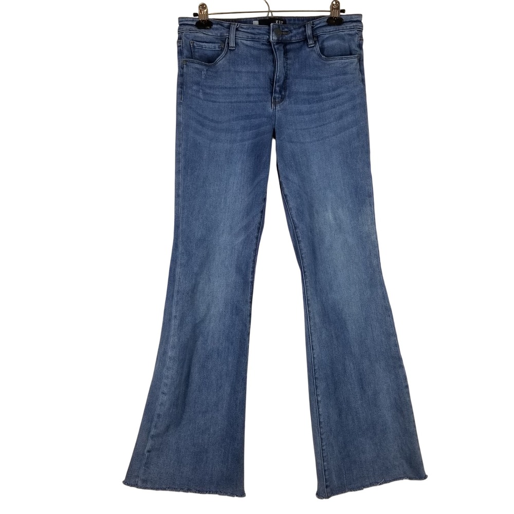 Kut from the Kloth Ana High Rise Fab Ab Flare Jeans Blue Raw Hem Size 10